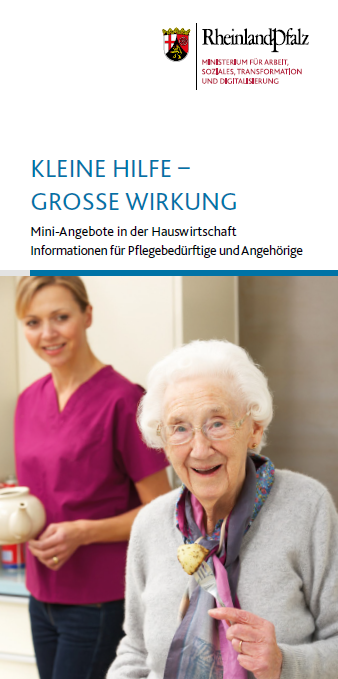 Titelbild des Flyers "Kleine Hilfe, Große Wirkung". Das Titelbild zeigt eine ältere Frau beim Essen. Im Hintergrund steht eine Pflegerin, die eine Teekanne in der Hand hält.