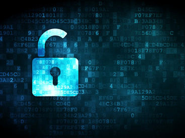 466487479 Safety concept: pixelated Opened Padlock icon on digital background, empty copyspace for card, text, advertising, 3d render