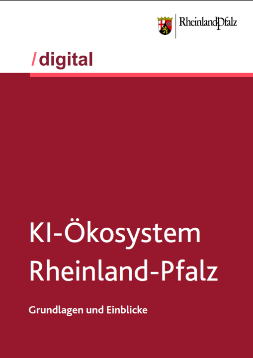 Das Bild zeigt das Cover der Broschüre mit dem Titel: KI in Rheinland-Pfalz. In rot-weißem Corporate Design der Landesregierung. 