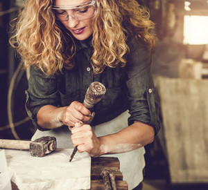 Stonecutter woman portrait at work, Ljubljana, Slovenia