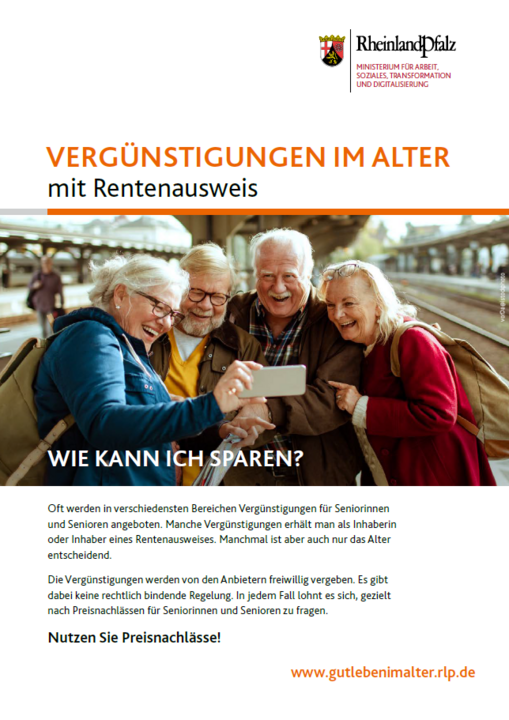 Vorschaubild zum Flyer "Vergünstigungen im Alter". Das Titelmotiv zeigt eine Gruppe von vier Rentnerinnen und Rentnern am Bahnsteig. 