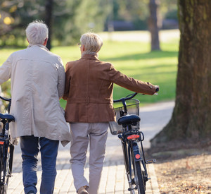 Seniorenpaar mit Fahrrädern, die gemeinsam durch den Park laufen