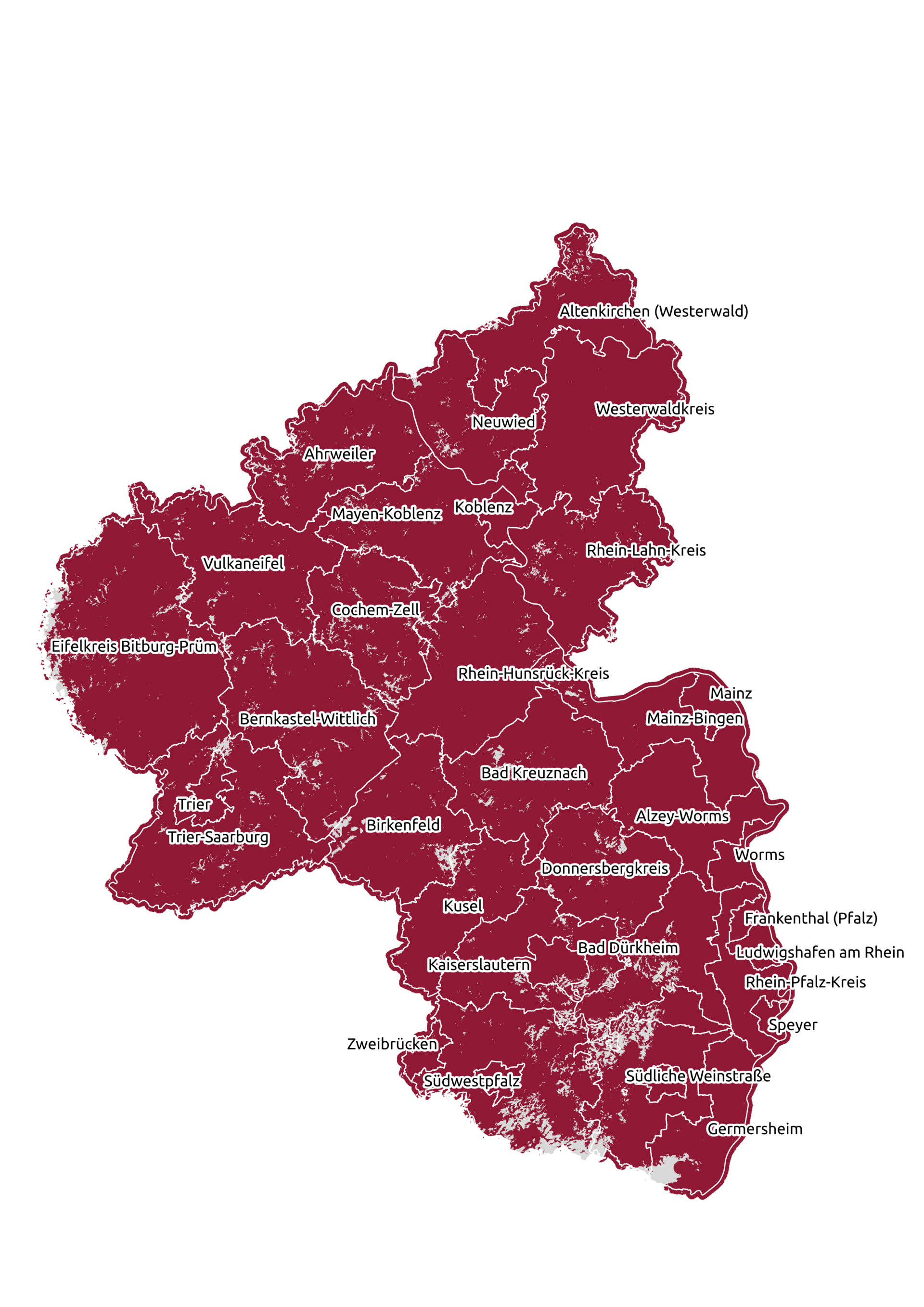 Die Karte zeigt die Mobilfunkabdeckung in Rheinland-Pfalz mit 4G im ersten Quartal 2024 